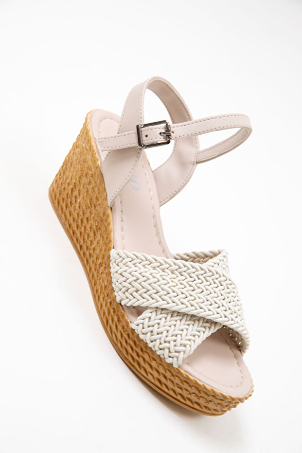 Beżowe damskie buty na koturnie 17050 - 5