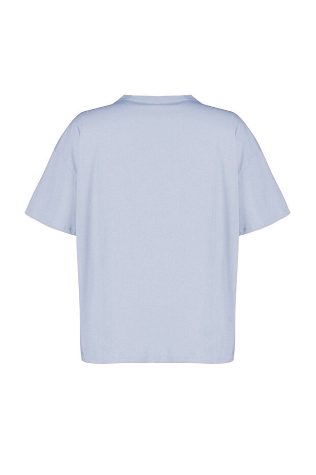 Mavi Geniş Kalıp Baskılı Bisiklet Yaka %100 Pamuk Örme T-shirt TBBSS23BF00015 - 6