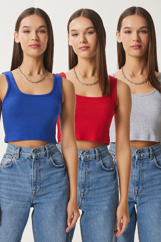 Women's Red Gray Melange Dark Blue 3-Pack Strappy Crop Knitted Blouse Gt00200