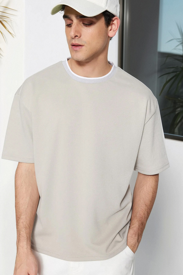 Premium Taş Oversize/Geniş Kesim Triko Bantlı Dokulu Pike T-Shirt TMNSS23TS00079 - 3