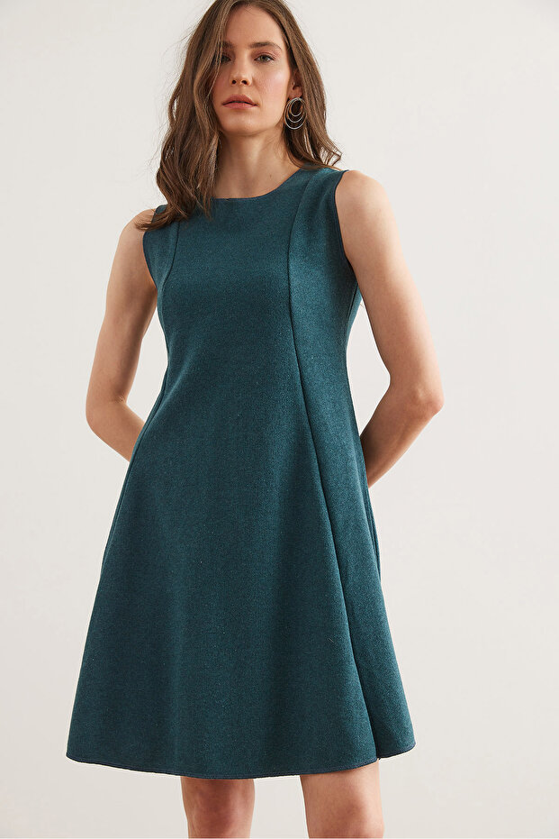 Women's Emerald Green Fragmented Thessaloniki Flared Dress Elb- 19002336