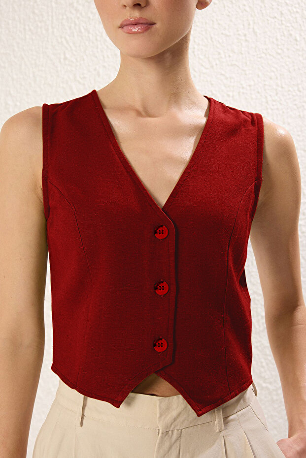 Kırmızı Regular Pamuk Crop Keten Dokuma Yelek TWOSS24YE00024 - 3