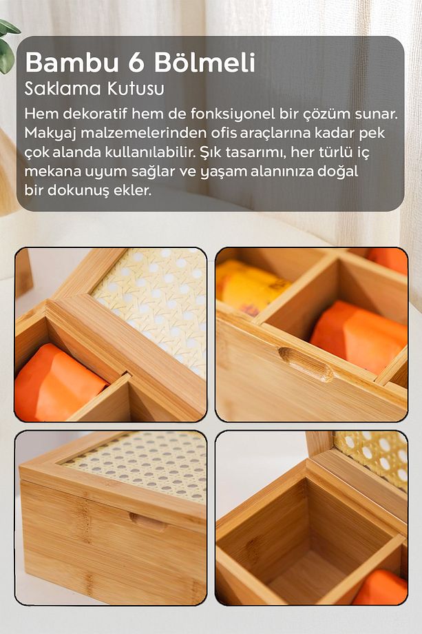 6 Bölmeli Bambu Çay Kutusu - Kapaklı Poşet Çay Saklama Kutusu Aksesuar Takı Düzenleyici Organizer - 3