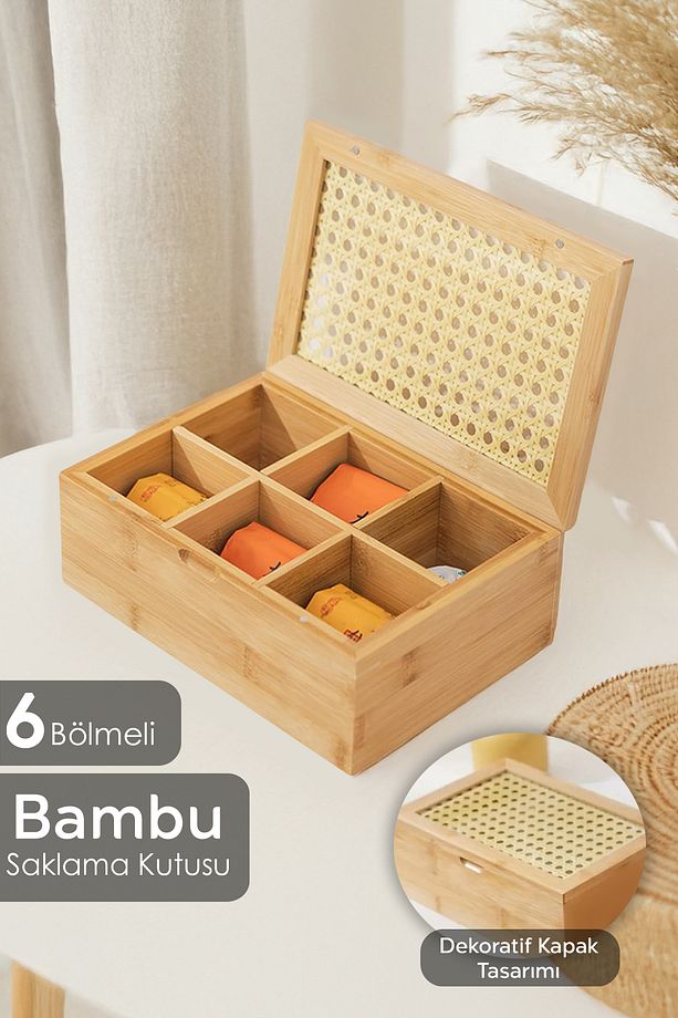 6 Bölmeli Bambu Çay Kutusu - Kapaklı Poşet Çay Saklama Kutusu Aksesuar Takı Düzenleyici Organizer - 1