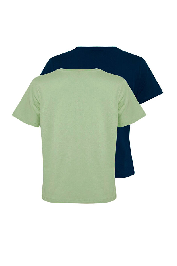 Petrol-Mint %100 Pamuk Bisiklet Yaka 2'li Paket Örme T-Shirt TWOSS20TS0141 - 5