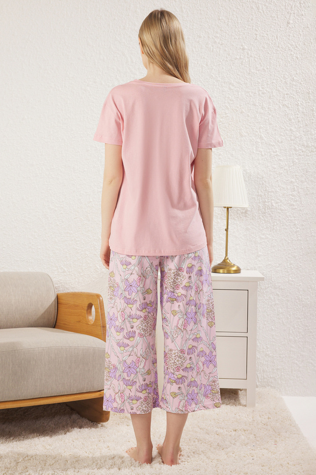 Pembe %100 Pamuklu Çiçekli Kapri Örme Pijama Takımı THMSS24PT00210 - 5