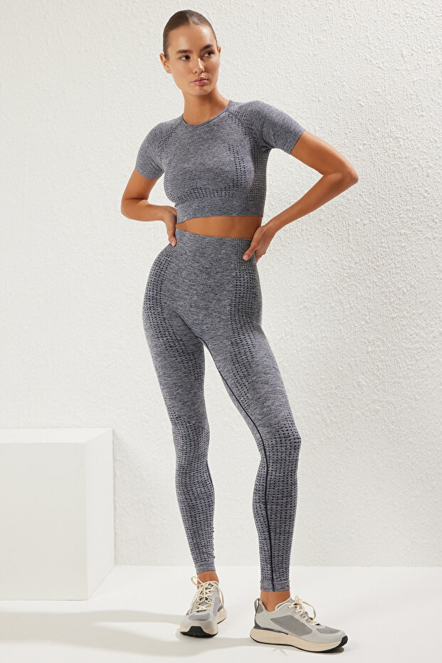 Navy Blue Seamless/Seamless Full Length Knitted Sports Leggings Twoss21Ty0024