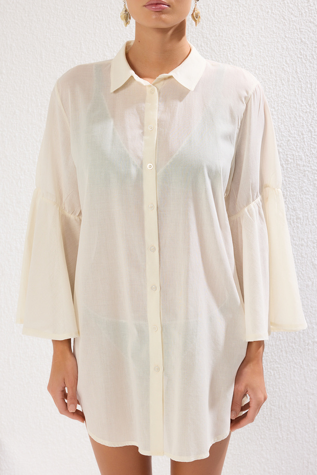 Ekru Dokuma %100 Pamuk Plaj Mini Elbise TBESS25EL00036 - 4