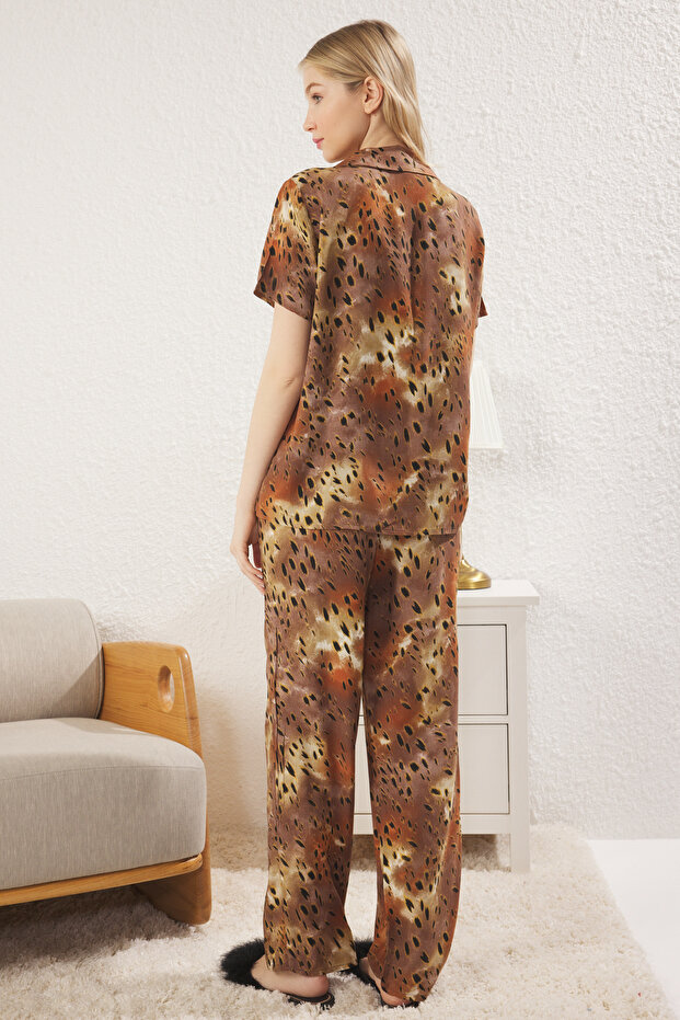 Çok Renkli Leopar Desenli Viskon Dokuma Pijama Takımı THMSS25PT00090 - 5
