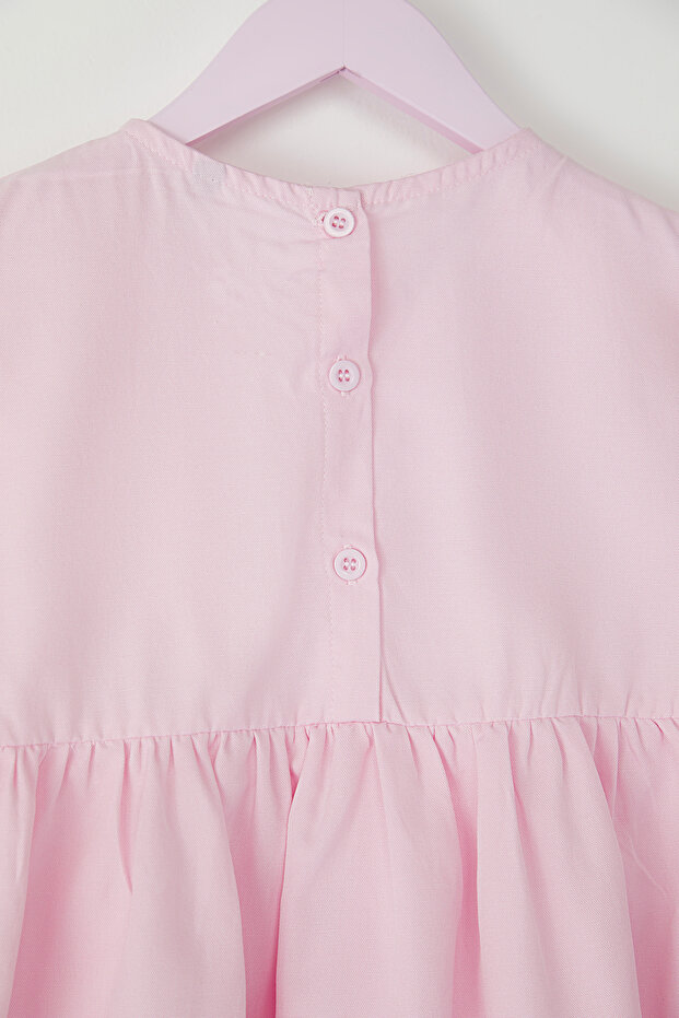 Pembe Kız Çocuk Pamuklu Balon Kol Kruvaze Detaylı Mini Bayramlık Dokuma Elbise TKDSS25EL00023 - 5