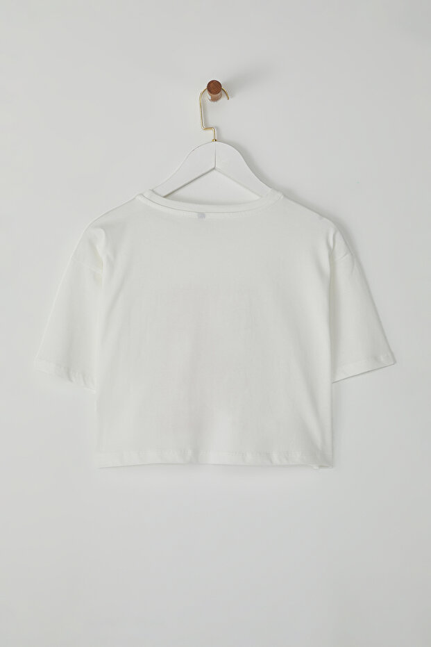 Ekru %100 Kalın Pamuklu Relaxed/Rahat Kalıp Crop Baskılı Örme T-Shirt TWOSS25TS00080 - 7