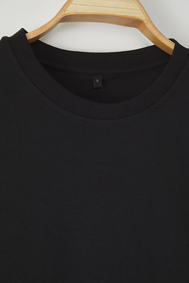 Siyah Loose/Düşük Omuz %100 Pamuklu Basic T-Shirt TMNSS25TS00162 - 6