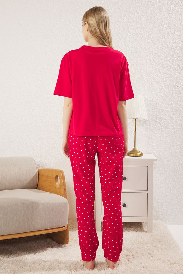 Kadın Couple/Çift Kırmızı Pamuklu Kalpli Sloganlı Örme Pijama Takımı THMSS25PT00283 - 6