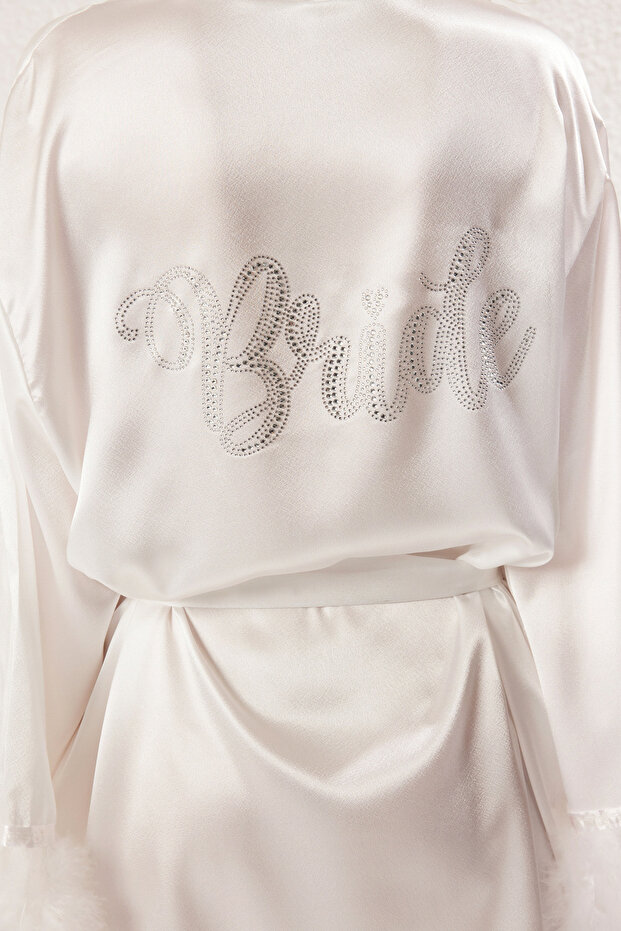 Bride/Bridal Beyaz Kuşaklı Sloganlı Otriş Detaylı Saten Dokuma Sabahlık THMSS25SB00002 - 8