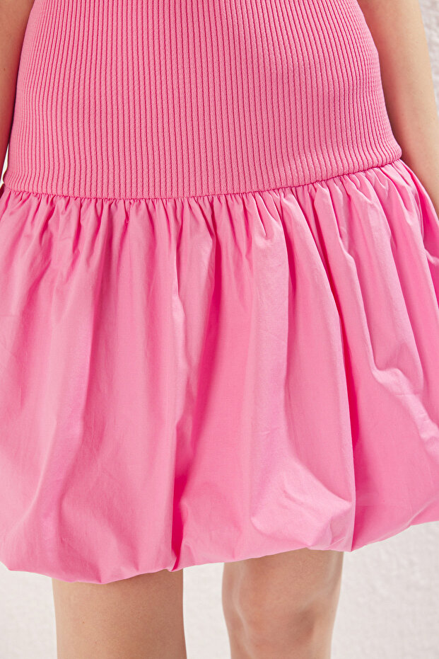 Pembe Düz Mini Garnili Dik Yaka Balon Etek Triko Elbise TWOSS25EL00495 - 4