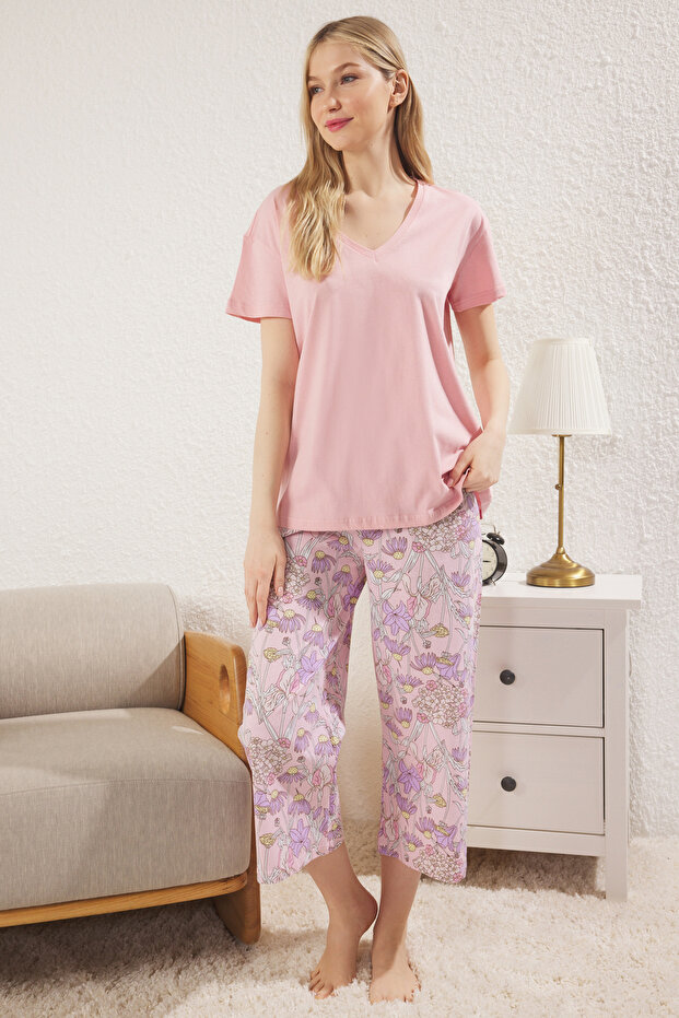 Pembe %100 Pamuklu Çiçekli Kapri Örme Pijama Takımı THMSS24PT00210 - 1