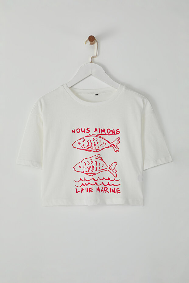 Ekru %100 Kalın Pamuklu Relaxed/Rahat Kalıp Crop Baskılı Örme T-Shirt TWOSS25TS00080 - 6