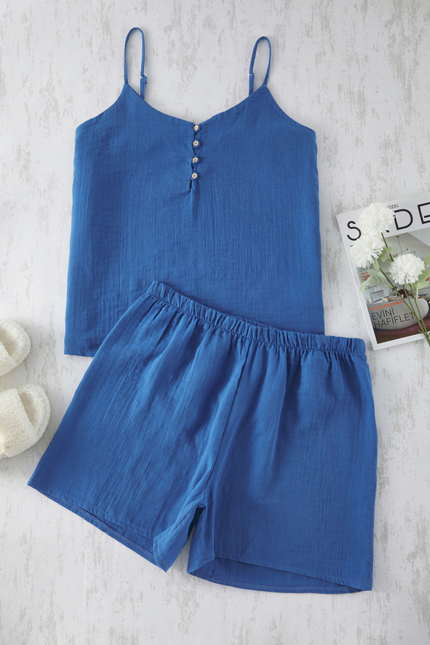 Indigo V Yaka Düğmeli Müslin Dokuma Pijama Takımı TBBSS25AI00055 - 5