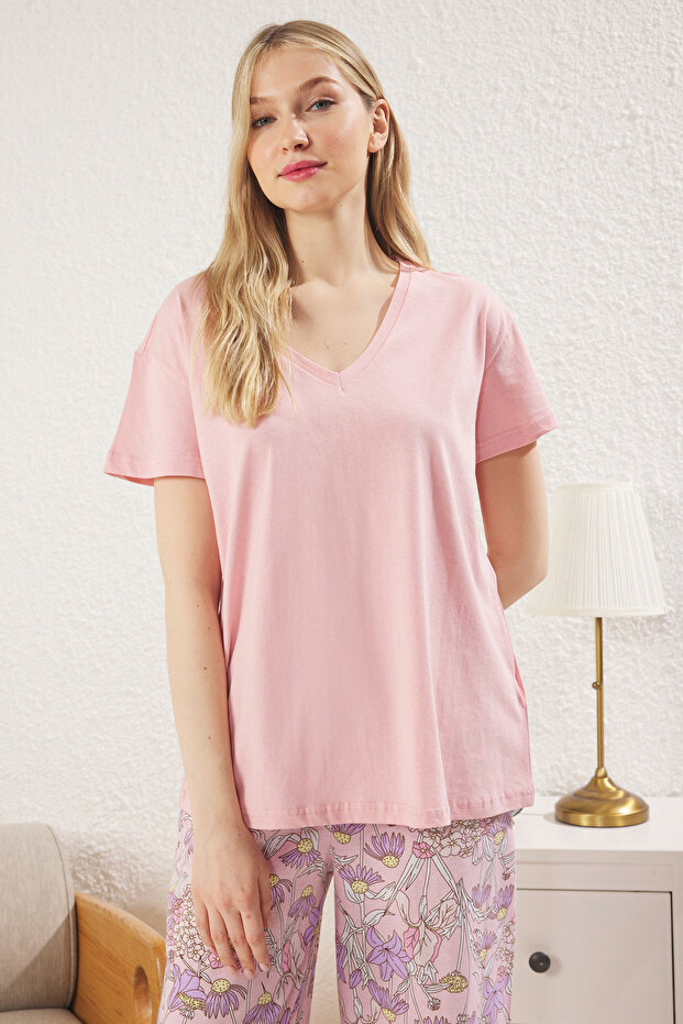 Pembe %100 Pamuklu Çiçekli Kapri Örme Pijama Takımı THMSS24PT00210 - 2