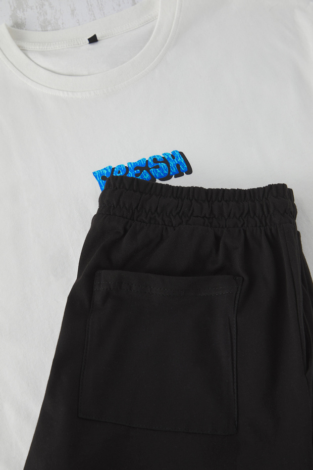 Ekru Siyah Oversize Atlet Şort Örme Pijama Takımı TMNSS25PT00022 - 7