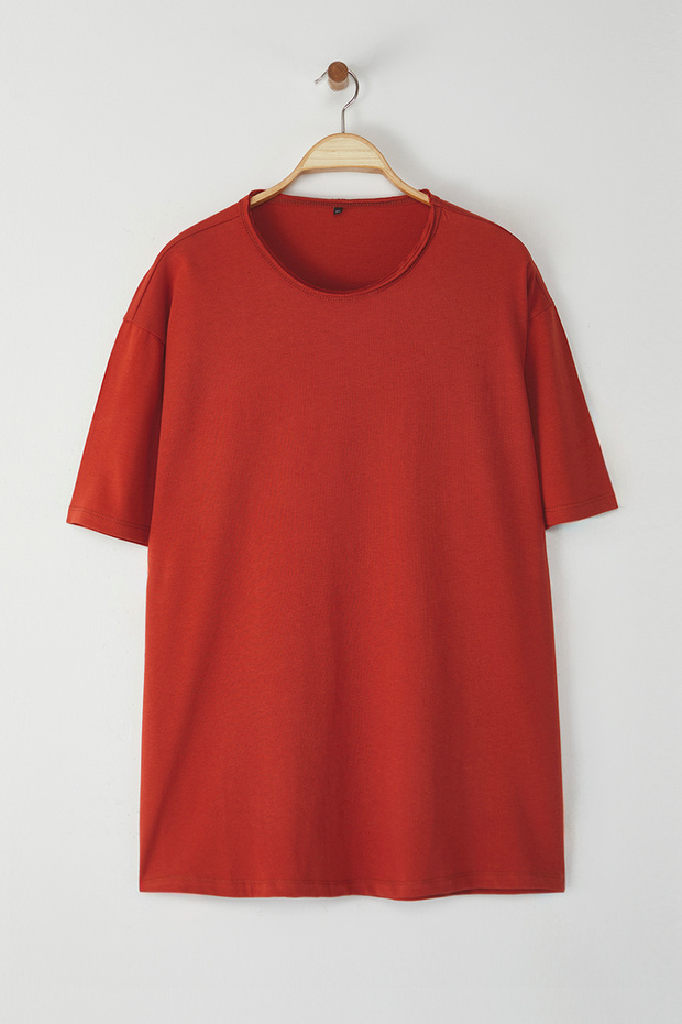 Kiremit Büyük Beden Oversize/Geniş Kesim %100 Pamuklu Yaka Detaylı T-Shirt TMNSS25BF00035 - 2