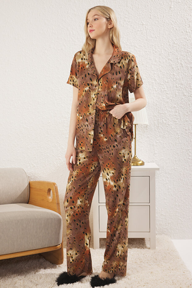 Çok Renkli Leopar Desenli Viskon Dokuma Pijama Takımı THMSS25PT00090 - 1