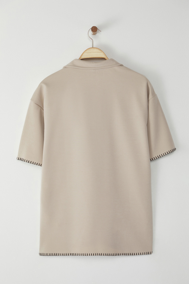 Taş Oversize/Geniş Kesim Kontrast Dikiş Detaylı Polo Yaka T-shirt - 7
