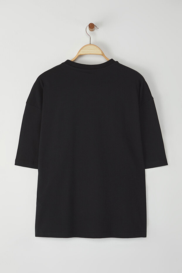 Siyah Loose/Düşük Omuz %100 Pamuklu Basic T-Shirt TMNSS25TS00162 - 5