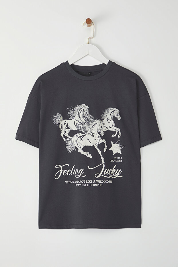 Antrasit %100 Pamuk Oversize/Geniş Kalıp Baskılı Örme T-Shirt TWOSS25TS00075 - 5