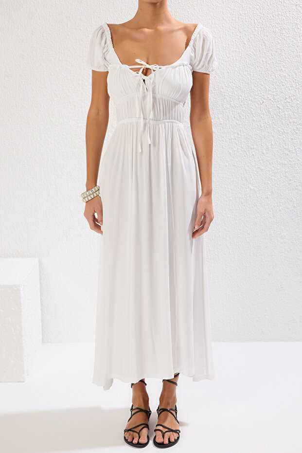 Plaj Giyim Ekru Dokuma Büzgülü Maxi Elbise TBESS25EL00030 - 3