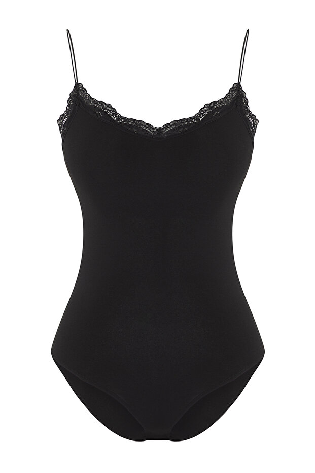 Siyah Dantel Detaylı Fitted/Vücuda Oturan Alttan Çıtçıtlı Esnek Örme Body TWOSS25BD00008 - 6