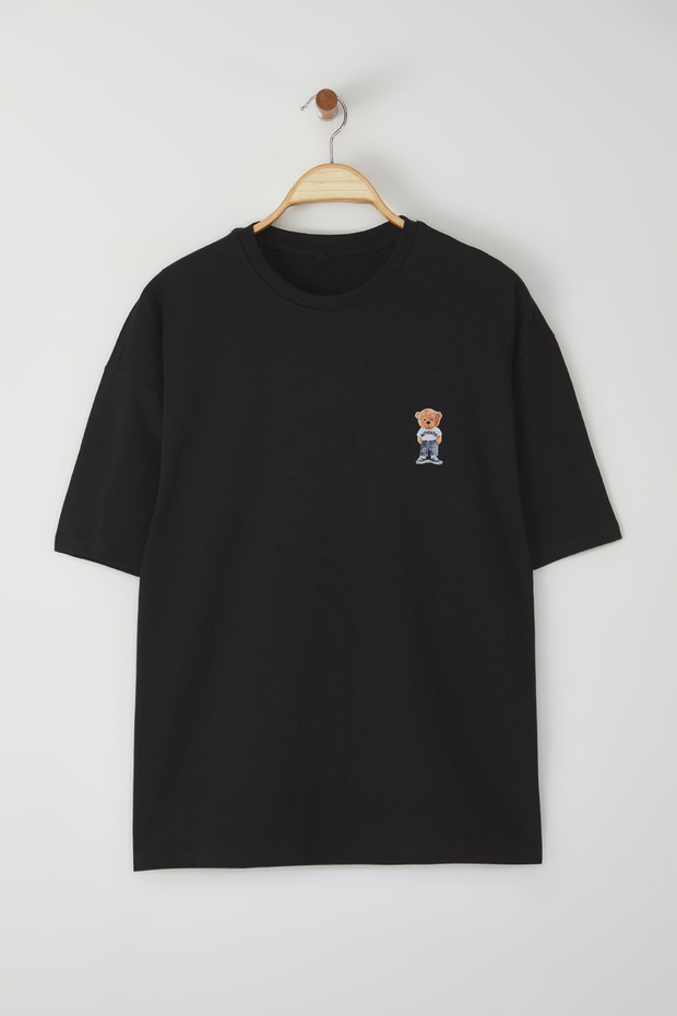 Siyah Unisex Oversize/Geniş Kesim Ayıcık Baskılı %100 Pamuklu T-Shirt TMNSS25TS00161 - 4