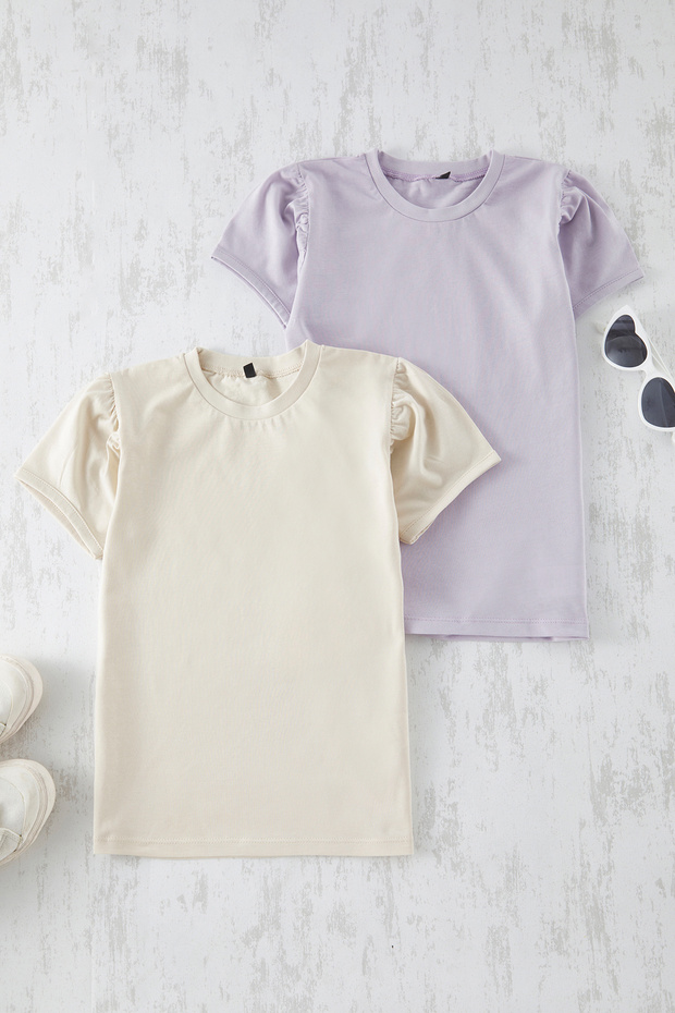 Lila-Taş 2'li Kız Çocuk Regular/Normal Kalıp Balon Kol Örme T-Shirt TKDSS25TS00056 - 1