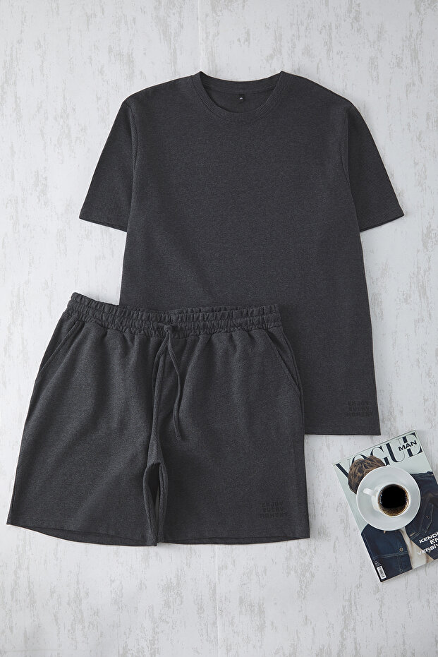 Antrasit Regular Fit Waffle Örme Şortlu Büyük Beden Pijama Takımı TMNSS25AI00005 - 2