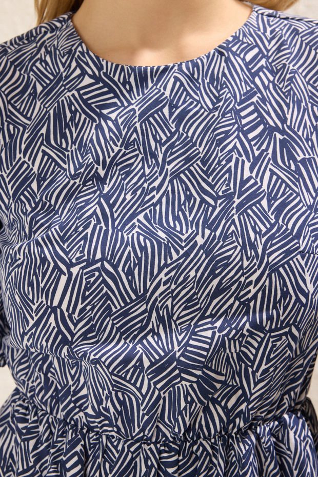 Indigo Çizgili Eteği Belden Açılan Cut Out / Volan Mini Dokuma Elbise TWOSS22EL2858 - 3