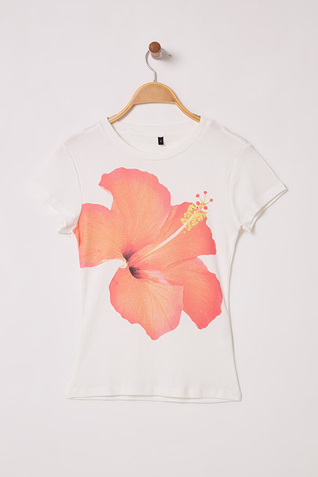 Ekru Çiçek Baskılı Fitted/Vücuda Oturan Örme T-Shirt TWOSS25TS00031 - 5