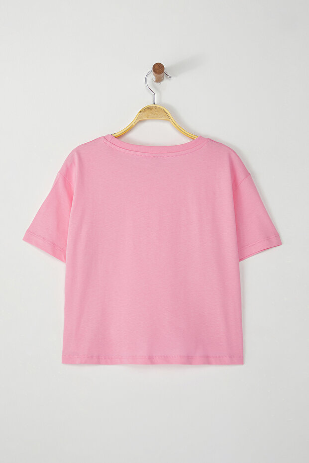 Pembe %100 Pamuk Fiyonk Detaylı Regular/Normal Kalıp Örme T-Shirt TWOSS25TS00087 - 6
