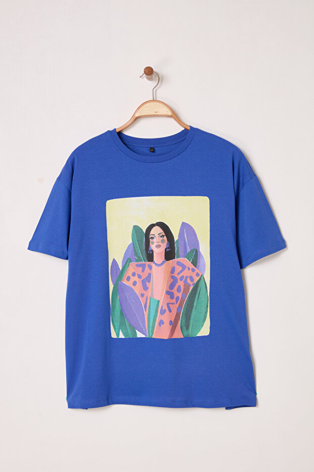 Saks Geniş Kalıp Baskılı %100 Pamuk Büyük Beden Örme T-shirt TBBSS25BF00041 - 5