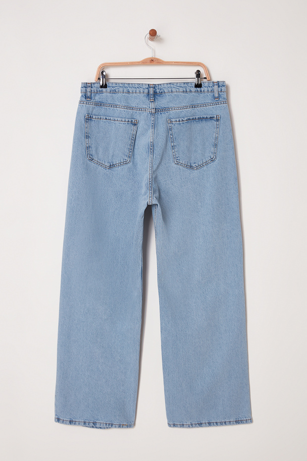 Buz Mavi Yüksek Bel Destroylu Geniş Paça/Wide Leg %100 Pamuk Non-Stretch Jeans TBBSS22JE00006 - 7