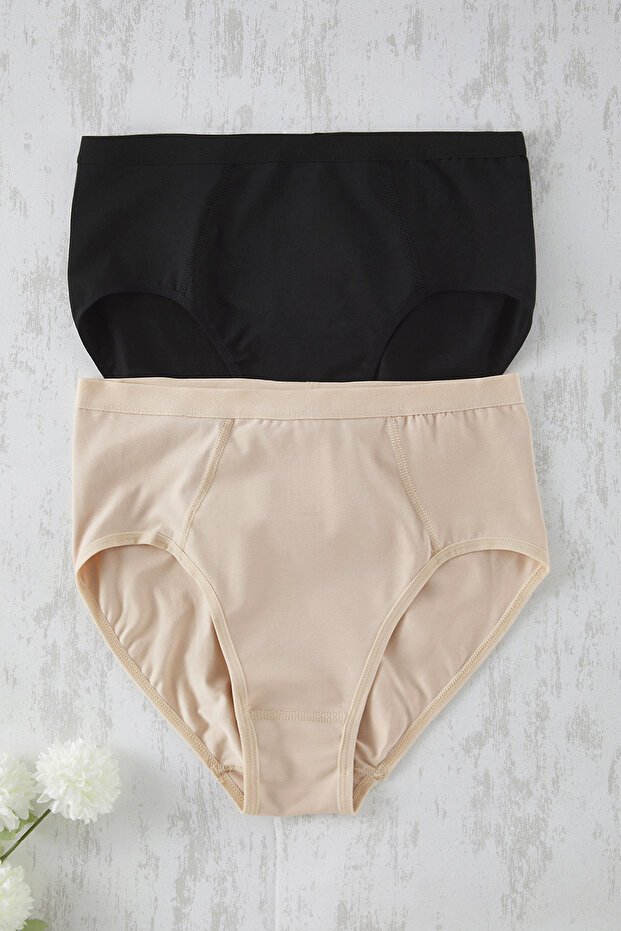 Siyah-Ten 2'li Paket Pamuklu Yüksek Bel Örme Toparlayıcı Klasik Büyük Beden Külot TBBSS25CM00001 - 8