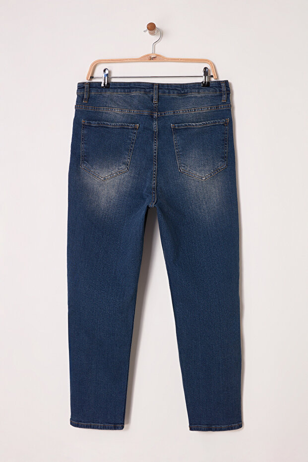 Koyu Mavi Yüksek Bel Destroy Detaylı Esnek Skinny Jeans TBBSS25CJ00011 - 7