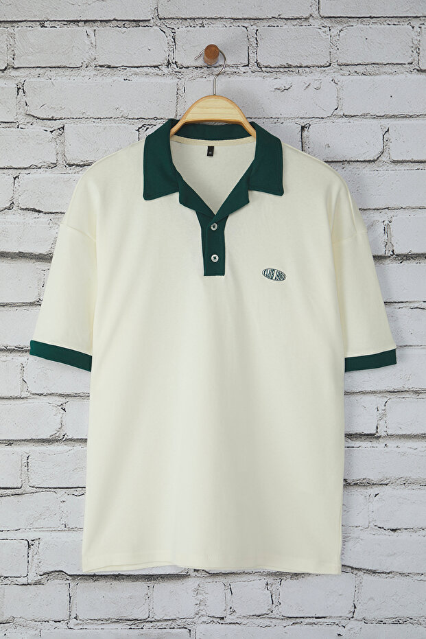Ekru Oversize/Geniş Kesim Nakış Detaylı %100 Pamuk Polo Yaka T-shirt TMNSS25PO00013 - 5