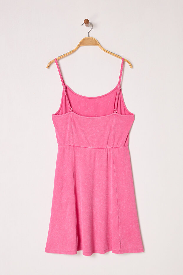 Pembe Yıkamalı Kaşkorse Örme Büyük Beden Elbise TBBSS25AH00113 - 6