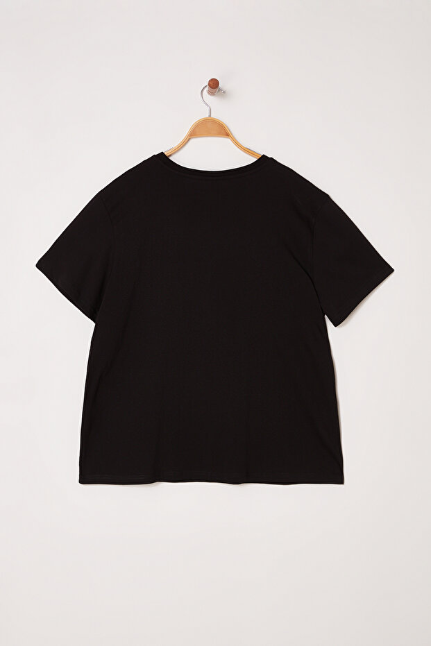 Siyah Taşlı Örme Büyük Beden Tshirt TBBSS25BF00042 - 7