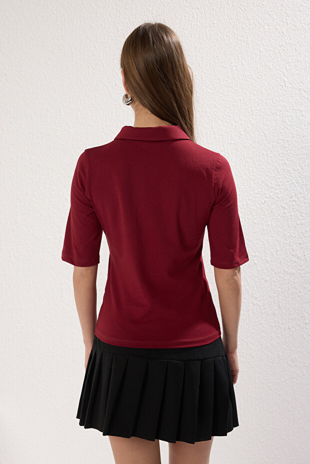 Koyu Vişne Polo Yaka Truvakar Kol Fitted/Vücuda Oturan Örme Bluz TWOSS25BZ00027 - 4
