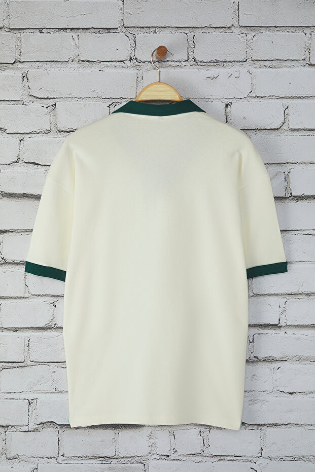 Ekru Oversize/Geniş Kesim Nakış Detaylı %100 Pamuk Polo Yaka T-shirt TMNSS25PO00013 - 8