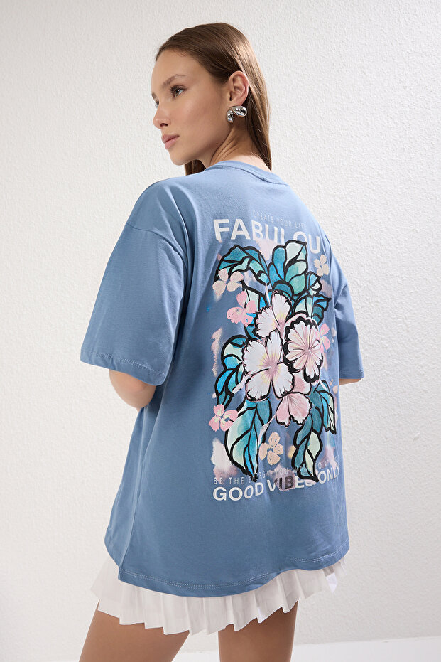 Indigo %100 Pamuk Sırt ve Ön Baskılı Oversize/Geniş Kesim Örme T-Shirt TWOSS24TS00183 - 1