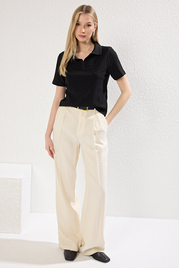 Siyah Polo Yaka Regular/Standart Kalıp Bürümcük Örme Bluz TWOSS25GO00105 - 2