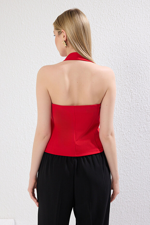 Kırmızı Regular Regular Halter Yaka Tek Düğmeli Yelek TWOSS25YE00087 - 7