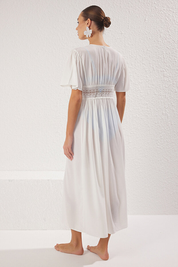 Beyaz Dokuma Dantel Maxi Plaj Kimono&Kaftan TBESS25KM00025 - 5